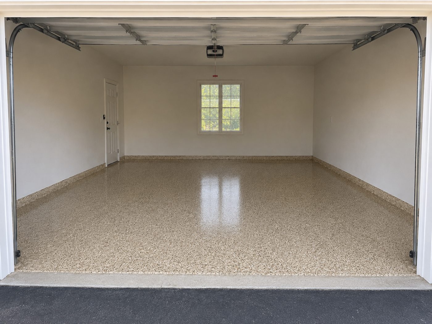 Sandstone flake epoxy garage floor after